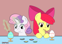Size: 921x667 | Tagged: safe, artist:empyu, apple bloom, sweetie belle, earth pony, pony, unicorn, g4, duo, easter, easter egg, egg, female, filly, glowing horn, horn, magic, mouth hold, paint, painting, simple background, smiling