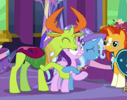 Size: 599x473 | Tagged: safe, screencap, starlight glimmer, sunburst, thorax, trixie, changedling, changeling, pony, unicorn, celestial advice, g4, animated, blinking, equestrian pink heart of courage, female, gif, hug, king thorax, loop, male, mare, stallion