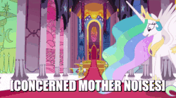 Size: 461x258 | Tagged: safe, screencap, princess celestia, alicorn, pony, celestial advice, animated, canterlot throne room, caption, descriptive noise, ethereal mane, female, gif, horse noises, image macro, mare, meme, momlestia, mothers gonna mother, pacing, panic, royal guard, spread wings, stained glass, text, throne room, wings, worried
