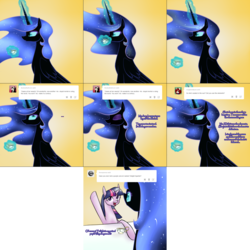 Size: 2254x2254 | Tagged: safe, artist:cosmalumi, nightmare moon, twilight sparkle, alicorn, pony, unicorn, tumblr:ask queen moon, g4, ask, high res, tumblr