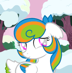 Size: 500x511 | Tagged: safe, artist:teddy-beard, oc, oc only, oc:chasing clouds, animated, blushing, eye shimmer, forest, gif, snow, solo, winter
