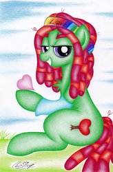 Size: 1024x1558 | Tagged: safe, artist:thechrispony, tree hugger, earth pony, pony, g4, chest fluff, eyelashes, female, green fur, heart, hippie, leg warmers, looking at you, purple eyes, sitting, smiling, solo, teeth, traditional art