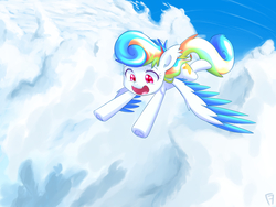 Size: 1600x1200 | Tagged: safe, artist:frankier77, oc, oc only, oc:chasing clouds, pegasus, pony, cloud, colored wings, colored wingtips, female, filly, flying, sky, solo