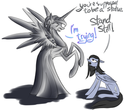 Size: 850x750 | Tagged: safe, artist:cosmalumi, nightmare moon, oc, alicorn, pegasus, pony, tumblr:ask queen moon, g4, clothes, costume, doctor who, parody, statue, weeping angel