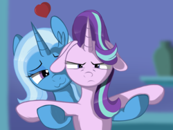 Size: 2048x1536 | Tagged: safe, artist:negasun, starlight glimmer, trixie, pony, unicorn, all bottled up, g4, :3, annoyed, duo, duo female, female, floppy ears, heart, horn, lesbian, mare, scene interpretation, ship:startrix, shipping, smiling, trixie's puppeteering