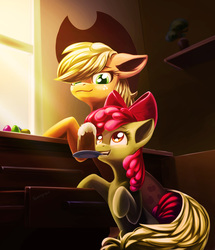 Size: 1937x2248 | Tagged: safe, artist:taneysha, apple bloom, applejack, earth pony, pony, g4, adorabloom, bipedal, cake, cute, drawer, duo, eye contact, female, filly, floppy ears, food, grin, lidded eyes, looking at each other, looking down, looking up, mare, mouth hold, open mouth, raised hoof, smiling, window