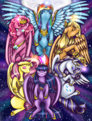 Size: 1280x1674 | Tagged: safe, artist:err-em, applejack, fluttershy, pinkie pie, rainbow dash, rarity, twilight sparkle, alicorn, pony, g4, alicorn six, alicornified, applecorn, fluttercorn, mane six, pinkiecorn, race swap, rainbowcorn, raricorn, twilight sparkle (alicorn), xk-class end-of-the-world scenario