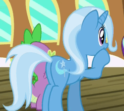 Size: 504x450 | Tagged: safe, screencap, spike, trixie, dragon, pony, all bottled up, animated, butt, cute, diatrixes, female, gif, loop, mare, plot, smile and wave, waving