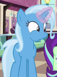 Size: 438x590 | Tagged: safe, screencap, starlight glimmer, trixie, pony, unicorn, all bottled up, animated, aweeg*, cropped, cute, diatrixes, eating, female, gif, glowing horn, loop, mare, offscreen character, solo focus