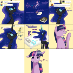Size: 2254x2254 | Tagged: safe, artist:cosmalumi, nightmare moon, twilight sparkle, alicorn, pony, unicorn, tumblr:ask queen moon, g4, ask, comic, high res, royal guard, tumblr