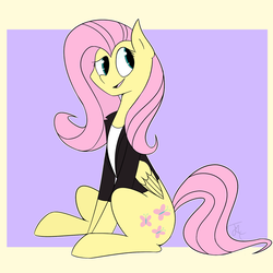 Size: 1280x1280 | Tagged: safe, artist:goldenled, fluttershy, g4, clothes, female, folded wings, jacket, looking away, looking sideways, shirt, sitting, solo, t-shirt