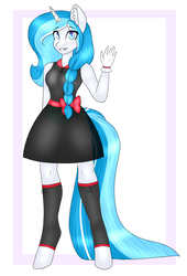 Size: 1500x2200 | Tagged: safe, artist:mirisihlon3, oc, oc only, oc:bubble lee, unicorn, anthro, unguligrade anthro, anthro oc, clothes, dress, female, gift art, looking at you, mare, smiling, solo