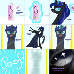 Size: 2253x2254 | Tagged: safe, artist:cosmalumi, nightmare moon, alicorn, pony, tumblr:ask queen moon, g4, clothes, comic, dress, grin, high res, smiling, solo