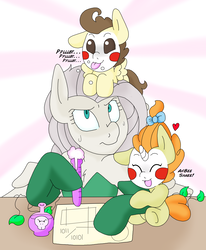 Size: 2215x2683 | Tagged: safe, artist:blackbewhite2k7, fluttershy, pound cake, pumpkin cake, g4, annoyed, baby talk, cake twins, chemistry, crossover, face paint, flutterbitch, high res, poison, poison ivy, tongue out, vial