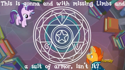 Size: 1256x709 | Tagged: safe, edit, edited screencap, screencap, starlight glimmer, sunburst, pony, celestial advice, g4, alchemy, alphonse elric, book, caption, chalk, edward elric, fullmetal alchemist, magic, magic circle, male, meme, reference, simpsons did it, stallion, text, the simpsons, this will end in losing body parts, this will end in tears and/or death, this will end with two hooves missing and a walking suit of armor, transmutation circle