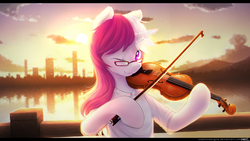 Size: 4096x2304 | Tagged: safe, artist:redstoneengine, oc, oc only, oc:lawyresearch, pony, unicorn, bipedal, bow (instrument), city, clothes, female, glasses, high res, musical instrument, one eye closed, scenery, violin, wink