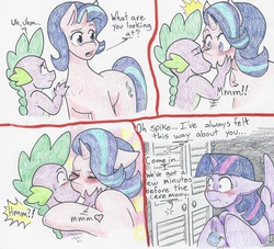 Size: 4753x4313 | Tagged: safe, artist:flicker-show, spike, starlight glimmer, twilight sparkle, alicorn, dragon, pony, unicorn, celestial advice, g4, absurd resolution, blushing, closet, comic, dialogue, distraction, female, floppy ears, heart, imminent sex, implied sex, kiss on the lips, kissing, male, mare, ship:sparlight, shipping, straight, surprise kiss, traditional art, twilight sparkle (alicorn), voyeurism