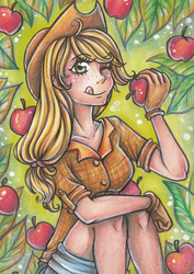 Size: 848x1200 | Tagged: safe, artist:holy-yume, applejack, human, g4, apple, clothes, daisy dukes, female, food, gloves, humanized, licking, licking lips, one eye closed, shirt, shorts, sitting, solo, tongue out, traditional art, wink