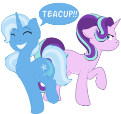 Size: 1280x1204 | Tagged: safe, artist:kindboyleo, starlight glimmer, trixie, pony, unicorn, all bottled up, g4, annoyed, cup, dialogue, grin, happy, simple background, smiling, teacup, that pony sure does love teacups, transparent background
