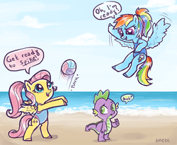 Size: 1200x984 | Tagged: safe, artist:mcponyponypony, fluttershy, rainbow dash, spike, dragon, pegasus, pony, g4, alternate hairstyle, beach, beach volleyball, bipedal, clothes, namesake, ocean, one-piece swimsuit, sand, swimsuit, this will end in pain, trio, volleyball