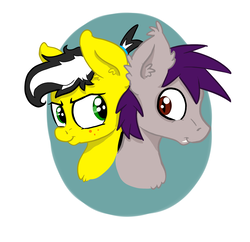 Size: 1561x1510 | Tagged: safe, artist:paskanaakka, derpibooru exclusive, oc, oc only, oc:coldfire (bat pony), oc:uppercute, bat pony, earth pony, pony, bust, duo, ear fluff, fangs, female, freckles, looking at each other, male, oc x oc, shipping, straight, uppercold