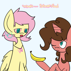Size: 1000x1000 | Tagged: safe, artist:lesbian-fluttershy, fluttershy, oc, oc only, oc:banana pie, pegasus, pony, unicorn, alternate hairstyle, ask, banana, bloodshot eyes, dialogue, drugs, duo, duo male and female, ear piercing, earring, female, flutterhigh, food, high, hoof hold, jewelry, male, mare, marijuana, necklace, one eye closed, piercing, simple background, smiling, stallion, teal background, tongue piercing, tumblr