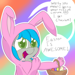 Size: 2000x2000 | Tagged: safe, artist:laptopbrony, oc, oc only, oc:darcy sinclair, animal costume, bunny costume, clothes, costume, cute, dialogue, high res