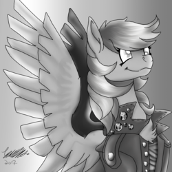 Size: 1736x1736 | Tagged: safe, artist:brainiac, derpy hooves, pegasus, pony, g4, black and white, chest fluff, clothes, female, grayscale, jacket, leather jacket, mare, monochrome, pins, solo