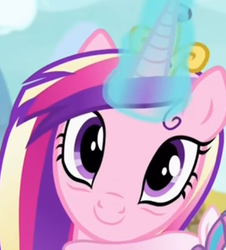 Size: 434x481 | Tagged: safe, screencap, princess cadance, princess flurry heart, alicorn, pony, a flurry of emotions, g4, bags under eyes, female, glowing horn, horn, magic aura, mare, messy mane, smiling, solo focus, tired