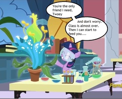Size: 883x720 | Tagged: safe, edit, screencap, twilight sparkle, pony, unicorn, celestial advice, g4, female, filly, flower, hilarious in hindsight, little shop of horrors, plant