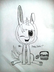 Size: 3120x4160 | Tagged: safe, artist:php142, oc, oc only, oc:purple flix, animal costume, bunny costume, bunny ears, chibi, clothes, costume, cute, easter, easter egg, female, filly, high res, male, monochrome, solo