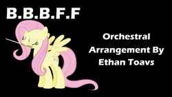Size: 2400x1350 | Tagged: safe, fluttershy, g4, baton, black background, conductor's baton, female, mouth hold, music, simple background, solo, song, text, youtube link