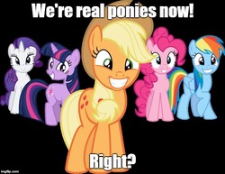 Size: 649x500 | Tagged: safe, applejack, pinkie pie, rainbow dash, rarity, twilight sparkle, g4, black background, image macro, meme, simple background