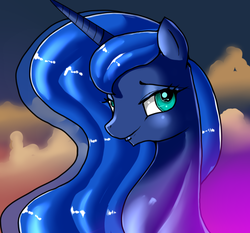 Size: 713x664 | Tagged: safe, artist:skyart301, princess luna, alicorn, pony, g4, cloud, female, lidded eyes, mare, missing accessory, smiling, solo