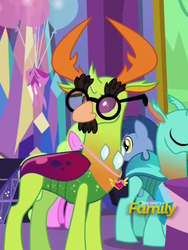 Size: 489x649 | Tagged: safe, screencap, blues, cornicle, daisy, flower wishes, noteworthy, thorax, changedling, changeling, celestial advice, g4, discovery family logo, equestrian pink heart of courage, groucho mask, king thorax, the thoraxguise