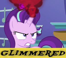 Size: 1184x1058 | Tagged: safe, edit, edited screencap, screencap, starlight glimmer, pony, unicorn, all bottled up, g4, anger magic, angry, female, magic, meme, name pun, pun, solo, text, triggered