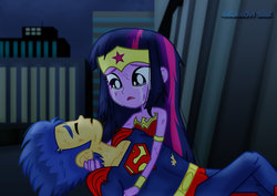 Size: 1600x1131 | Tagged: safe, artist:jucamovi1992, flash sentry, twilight sparkle, equestria girls, g4, bare shoulders, crossover, crying, duo, female, injured, male, sad, ship:flashlight, shipping, sleeveless, straight, strapless, superman, wonder woman