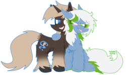 Size: 1024x611 | Tagged: safe, artist:vanillaswirl6, oc, oc only, oc:dream contour, oc:petal dancer, earth pony, pony, unicorn, bedroom eyes, blushing, cheek fluff, chest fluff, chibi, colored eyelashes, commission, cute little fangs, cutie mark, duo, ear fluff, fangs, female, fluffy, male, no pupils, open mouth, scrunchy face, shoulder fluff, sitting, standing, straight, tongue out, unshorn fetlocks