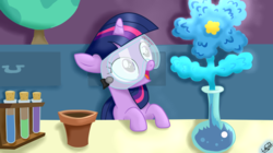 Size: 1700x950 | Tagged: safe, artist:liniitadash23, twilight sparkle, pony, unicorn, celestial advice, g4, my little pony: friendship is magic, female, filly, filly twilight sparkle, flower, goggles, open mouth, potion, safety goggles, show accurate, smiling, solo