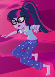 Size: 550x777 | Tagged: safe, screencap, sci-twi, twilight sparkle, equestria girls, g4, my little pony equestria girls: legend of everfree, barefoot, clothes, cropped, feet, female, glasses, legend of everfeet, nightmare, open mouth, pajamas, solo