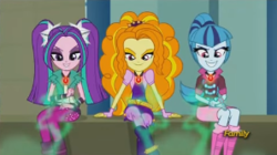 Size: 297x166 | Tagged: safe, screencap, adagio dazzle, aria blaze, sonata dusk, equestria girls, g4, my little pony equestria girls: rainbow rocks, picture for breezies, sitting, the dazzlings