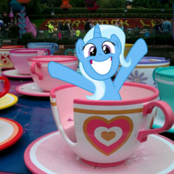 Size: 564x564 | Tagged: safe, artist:flutterbases, trixie, pony, unicorn, all bottled up, g4, alice in wonderland, cup, disneyland, female, grin, happy, irl, irrational exuberance, mare, photo, ponies in real life, smiling, teacup, that pony sure does love teacups