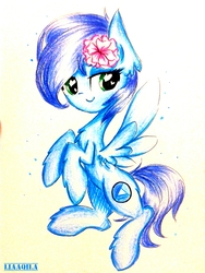 Size: 1391x1854 | Tagged: safe, artist:liaaqila, oc, oc only, oc:sapphire nebula, pegasus, pony, flower, flower in hair, fluffy, green eyes, spread wings, traditional art, wings