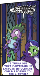 Size: 185x344 | Tagged: safe, artist:tony fleecs, edit, idw, rarity, spike, dragon, g4, comic, implied fluttershy, text edit, vomit