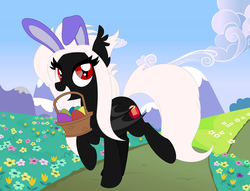 Size: 6952x5310 | Tagged: safe, artist:natusoulsilver, oc, oc only, oc:midnight ruby, bat pony, pony, absurd resolution, basket, bunny ears, easter, easter basket, easter egg, long mane, long tail, red eyes