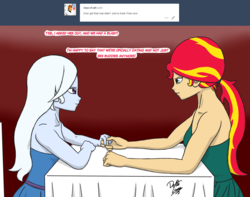 Size: 1361x1075 | Tagged: safe, artist:deltalima, sunset shimmer, trixie, human, g4, date, dialogue, female, holding hands, humanized, lesbian, looking at each other, restaurant, ship:suntrix, shipping