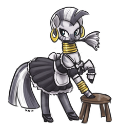 Size: 800x855 | Tagged: safe, artist:king-kakapo, zecora, zebra, g4, bipedal, bipedal leaning, clothes, cute, female, leaning, lidded eyes, maid, mare, mouth hold, raised hoof, simple background, smiling, solo, stool, white background