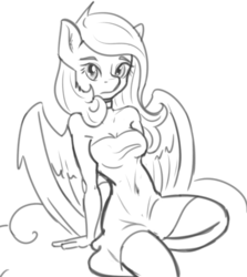 Size: 671x752 | Tagged: safe, artist:muggyheatwave, oc, oc only, oc:octave symphony, pegasus, anthro, clothes, cloud, dress, female, monochrome, sketch, solo, wings
