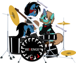 Size: 2094x1725 | Tagged: safe, artist:lightningbolt, derpibooru exclusive, pony, unicorn, g4, .svg available, angry, armband, belt, bipedal, bob bryar, butt, chair, clothes, crossed hooves, drums, drumsticks, duo, duo male, ear piercing, emo, facial hair, frank iero, gauges, glare, glowing horn, grin, guitar, guitar strap, horn, horn piercing, lidded eyes, looking at each other, male, musical instrument, my chemical romance, necktie, nose piercing, piercing, plot, ponified, shirt, shoes, show accurate, simple background, sitting, smiling, socks, stallion, standing, suit, svg, tattoo, three cheers for sweet revenge, transparent background, undercut, undershirt, vector, vest