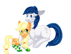 Size: 1032x774 | Tagged: safe, artist:cinnamon-scroll, applejack, oc, oc:constance everheart, g4, canon x oc, clothes, cuddling, everjack, female, male, shipping, size difference, socks, straight, striped socks